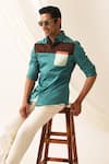 Seven_Green Cotton Ocean Color Block Pattern Shirt _at_Aza_Fashions