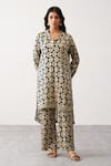 Buy_Seven_Gold Bemberg Sateen Printed Wave Collared Ami Kurta And Pant Co-ord Set _at_Aza_Fashions