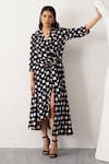 Buy_Seven_Black Bemberg Sateen Printed Polka Dots Notched Lapel Wrap Dress _at_Aza_Fashions