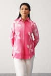 Buy_Seven_Pink Cotton Poplin Printed Leaf Collared Faded Shirt _Online_at_Aza_Fashions