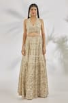Shop_Vandana Sethi_Ivory Silk Crystals, Mirrors Halter Neck Embellished Floral Lehenga Set _Online_at_Aza_Fashions
