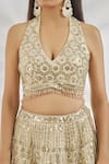 Buy_Vandana Sethi_Ivory Silk Crystals, Mirrors Halter Neck Embellished Floral Lehenga Set _Online