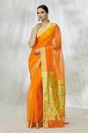 Shop_Mint N Oranges_Orange Handwoven Pure Chanderi Chevron Pallu Saree With Unstitched Blouse Fabric _Online_at_Aza_Fashions