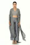 Buy_Rishi and Vibhuti x AZA_Grey Dupion Embellished Striped V Neck Tassel Cape With Pant Set _at_Aza_Fashions