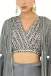 Shop_Rishi and Vibhuti x AZA_Grey Dupion Embellished Striped V Neck Tassel Cape With Pant Set _at_Aza_Fashions