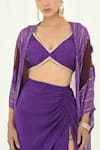 Shop_Rishi and Vibhuti x AZA_Purple Crepe Embroidered Tassel Plunged V Draped Skirt Set With Cape _at_Aza_Fashions