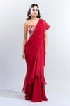 Kalista_Red Embroidered Floral Sweetheart Zahra Pre-draped Saree With Blouse _Online_at_Aza_Fashions