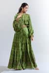 PUNIT BALANA_Green Satin Silk Printed Ranthambore Floral Boat Kumari Flared Pant Set _Online_at_Aza_Fashions