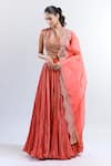 Buy_Debyani + Co_Orange Embroidered Sequin High Neck Top Crushed Skirt Set _Online_at_Aza_Fashions