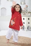 Shop_Vivedkids_Red Cotton Embroidered Thread Bal Ganesha Kurta _at_Aza_Fashions