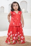 Vivedkids_Red Cotton Linen Printed Pichwai Lotus Kurta With Sharara _Online_at_Aza_Fashions