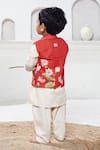 Shop_Vivedkids_Red Cotton Linen Printed Pichwai Lotus Bundi Kurta Set _at_Aza_Fashions