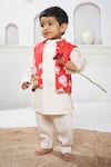 Vivedkids_Red Cotton Linen Printed Pichwai Lotus Bundi Kurta Set _Online_at_Aza_Fashions