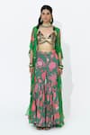 Buy_Rishi and Vibhuti_Green Crepe, Organza Kaira Applique Cape And Floral Print Flared Pant Set _at_Aza_Fashions