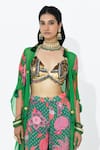 Rishi and Vibhuti_Green Crepe, Organza Kaira Applique Cape And Floral Print Flared Pant Set _Online_at_Aza_Fashions