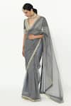 Buy_Rishi and Vibhuti_Grey Organza Embroidery Geometric Lace V Sanjh Trellis Pattern Saree With Blouse _at_Aza_Fashions