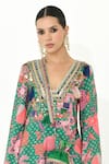 Shop_Rishi and Vibhuti_Green Crepe Printed Bloom Blunt V Neck Kurta And Pant Set _at_Aza_Fashions