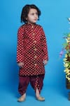 Little Bansi_Maroon Sherwani Mulberry Silk Embroidered Flower With Dhoti Pant _Online_at_Aza_Fashions