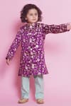 Little Bansi_Purple Sherwani Mulberry Silk Embroidered Floral With Pyjama _at_Aza_Fashions