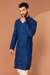 Kasbah_Blue Silk Embroidered Thread Abstract Kurta _Online_at_Aza_Fashions