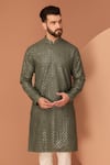 Shop_Kasbah_Green Silk Sequins, Embroidery Geometric Thread Kurta _at_Aza_Fashions