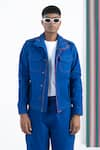 Buy_Siddhartha Bansal_Blue Cotton Twill Embroiderd Blanket Stitch Biker Jacket 