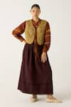 Buy_Cord_Brown Cotton Print Smocking Top Collared Cara Skirt Set With Gillet _at_Aza_Fashions