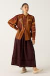 Buy_Cord_Brown Cotton Print Smocking Top Collared Cara Skirt Set With Gillet_Online_at_Aza_Fashions