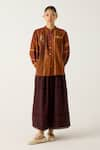 Cord_Brown Cotton Print Smocking Top Collared Cara Skirt Set With Gillet _at_Aza_Fashions