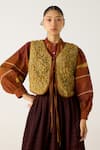 Buy_Cord_Brown Cotton Print Smocking Top Collared Cara Skirt Set With Gillet 