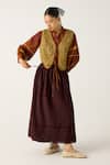 Cord_Brown Cotton Print Smocking Top Collared Cara Skirt Set With Gillet_Online