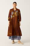 Buy_Cord_Brown Cotton Print Foliage Collared Button Down Jacket Dress _at_Aza_Fashions