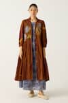 Cord_Brown Cotton Print Foliage Collared Button Down Jacket Dress _Online_at_Aza_Fashions