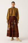 Buy_Cord_Brown Cotton Hand Embroidered Foliage High Elsa Top With Print Skirt _at_Aza_Fashions