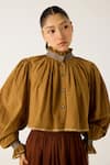 Buy_Cord_Brown Cotton Hand Embroidered Foliage High Elsa Top With Print Skirt _Online_at_Aza_Fashions