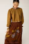 Cord_Brown Cotton Hand Embroidered Foliage High Elsa Top With Print Skirt _at_Aza_Fashions