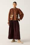 Buy_Cord_Brown Cotton Hand Embroidered High Elsa Top And Skirt Set_at_Aza_Fashions