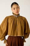 Buy_Cord_Brown Cotton Hand Embroidered High Elsa Top _at_Aza_Fashions