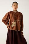 Buy_Cord_Brown Cotton Hand Embroidered High Elsa Top _at_Aza_Fashions