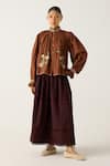 Buy_Cord_Brown Cotton Embellished Lace Band Emily Embroidered Top With Pintuck Skirt _Online_at_Aza_Fashions