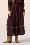 Shop_Cord_Maroon Cotton Embellished Lace Band Farmer Pixel Embroidered Top With Skirt 