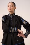 Cord_Black Cotton Embroidered Smocking Band Collar Farmer Thread Top _Online_at_Aza_Fashions