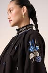 Cord_Black Cotton Embroidered Smocking Band Collar Farmer Thread Top _at_Aza_Fashions