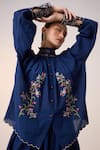 Shop_Cord_Blue Cotton Embroidered Smocking Band Collar Farmer Floral Top _at_Aza_Fashions