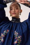 Cord_Blue Cotton Embroidered Smocking Band Collar Farmer Floral Top _Online_at_Aza_Fashions