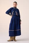 Shop_Cord_Blue Cotton Embroidered Smocking Band Collar Farmer Floral Top _Online_at_Aza_Fashions