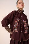 Cord_Maroon Cotton Embroidered Smocking Band Collar Farmer Pixel Top _Online_at_Aza_Fashions