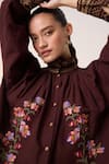 Buy_Cord_Maroon Cotton Embroidered Smocking Band Collar Farmer Pixel Top _Online_at_Aza_Fashions