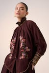 Shop_Cord_Maroon Cotton Embroidered Smocking Band Collar Farmer Pixel Top _Online_at_Aza_Fashions