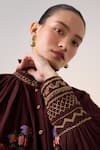 Cord_Maroon Cotton Embroidered Smocking Band Collar Farmer Pixel Top _at_Aza_Fashions